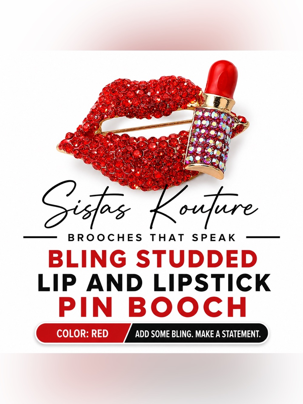 Red Bling Studded Lip & Lipstick Pin Brooch